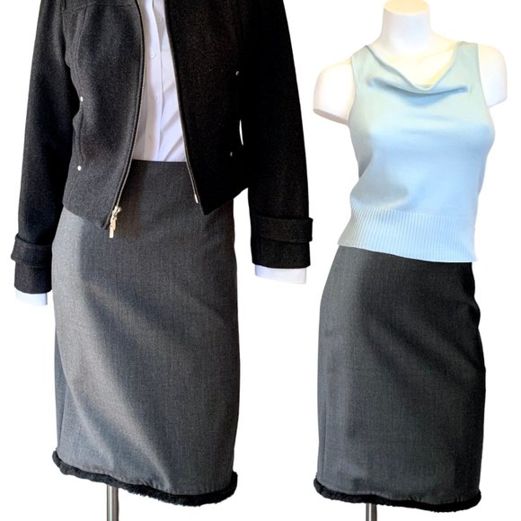 90's vintage Bebe wool blend faux fur trimmed tailored pencil midi skirt -Size 4 - Picture 1 of 6